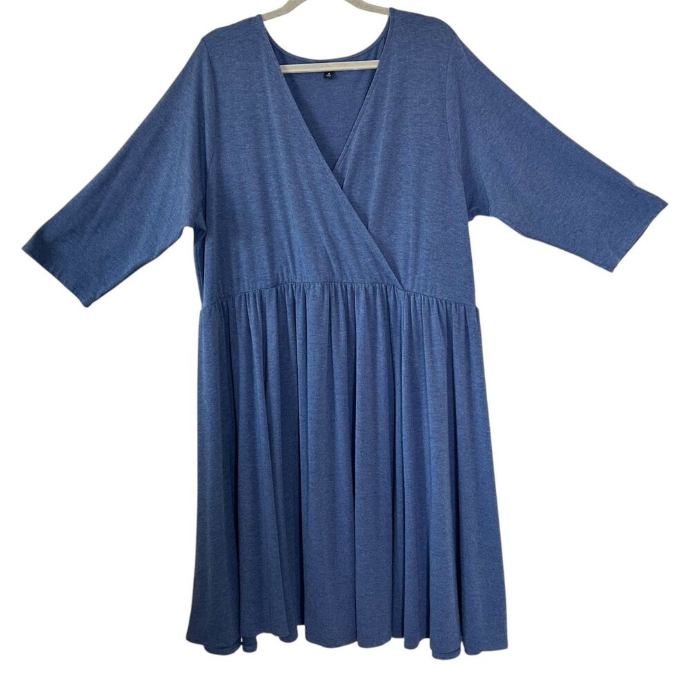 Torrid Heather Blue Midi Dress Womens Size 4X Jersey 3/4 Sleeve Faux Wrap V-Neck